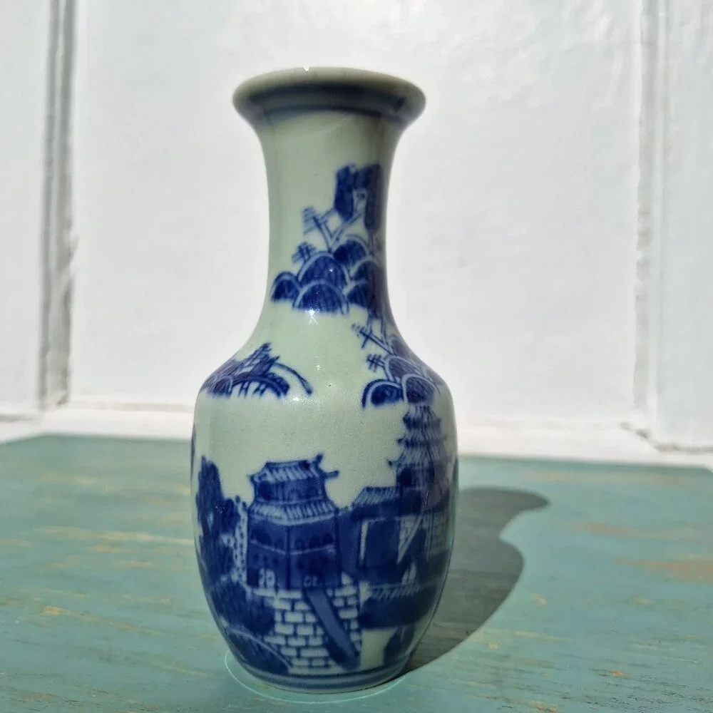 Vintage Porcelain Bud Vase Hand Painted Ancient Chinese Makers Mark Blue Decor - Picture 7 of 14